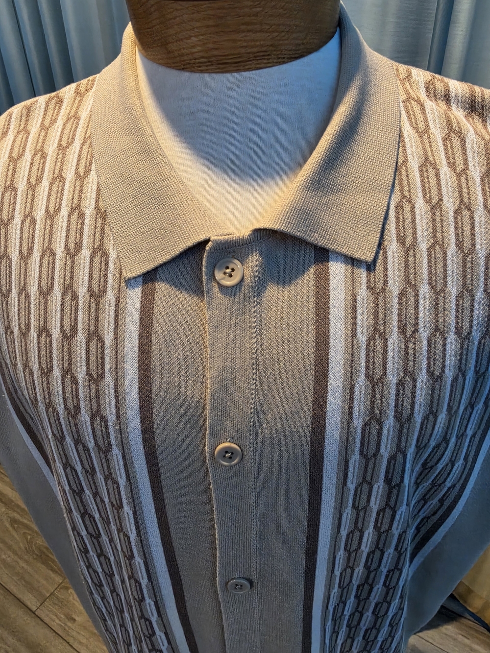 COOFANDY Vintage Style Knitted Polo Shirt Khaki Beige Striped Retro Size 3XL
